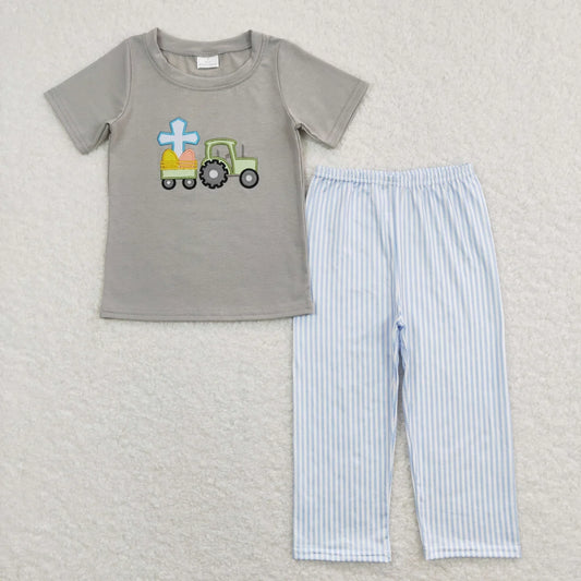 Sibling Baby Kids Embroidery Rabbits Eggs Jesus Top Pants Easter Clothes Set