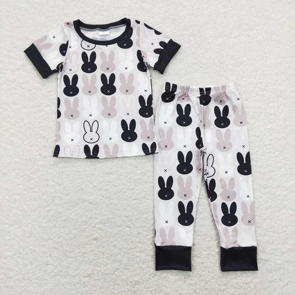 Sibling Baby Boys Raster Black Rabbits Short Sleeve Pajam  Set Romper T-shirts