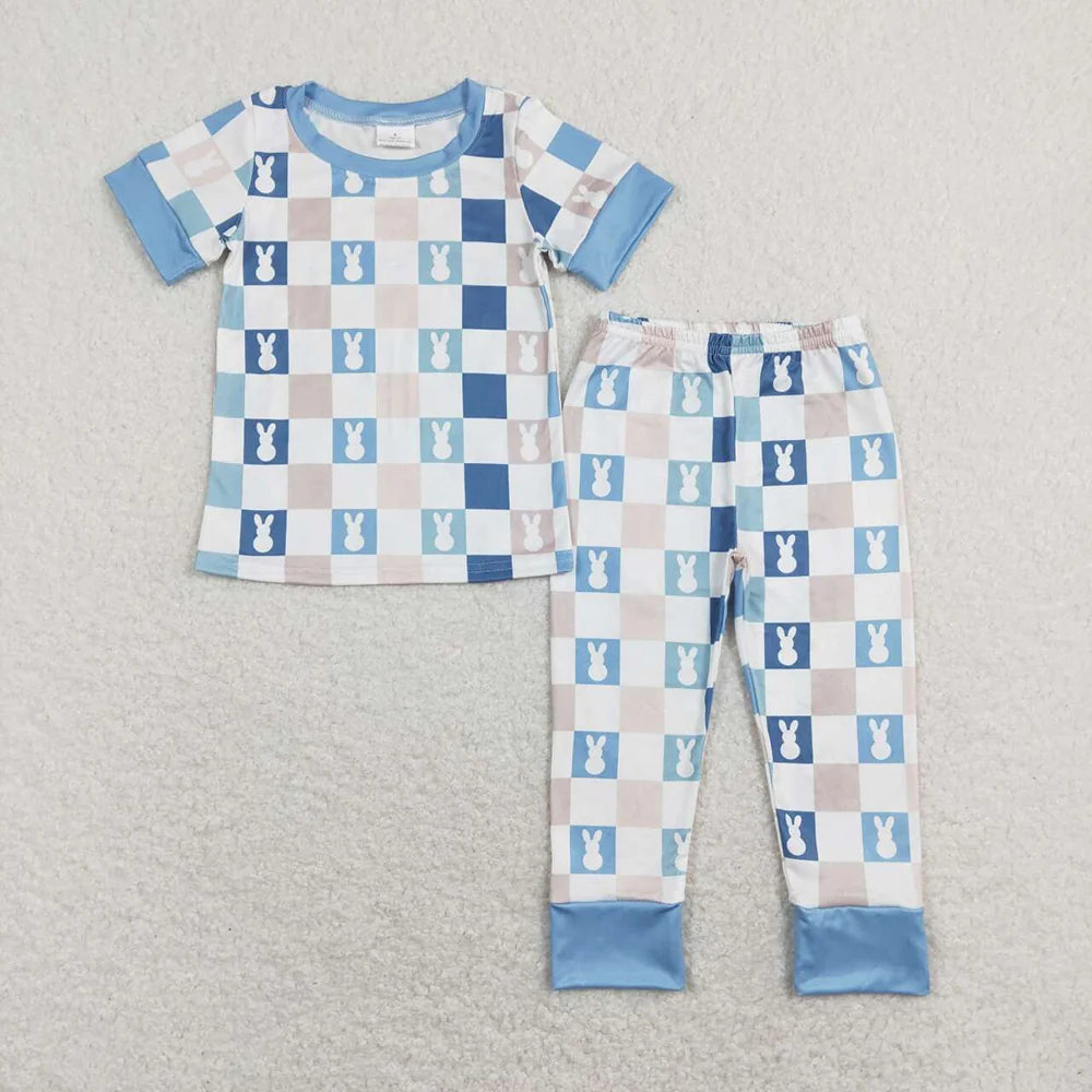 Sibling Baby Boys Blue Black Rabbits Checked Short Sleeve Pajam  Set Romper T-shirts