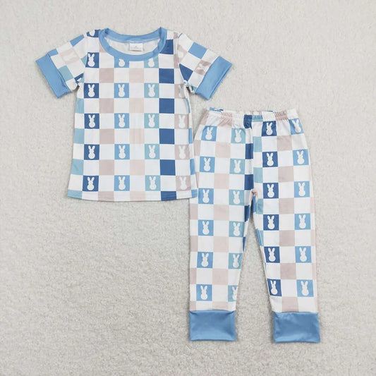 Sibling Baby Boys Blue Black Rabbits Checked Short Sleeve Pajam  Set Romper T-shirts