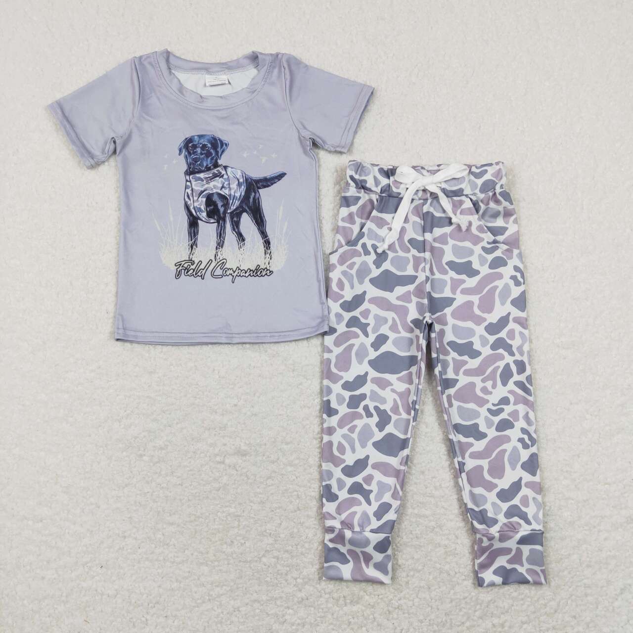Sibling Baby Boys  Huting Grey Short Sleeve Top with Camo Jogger Outfit