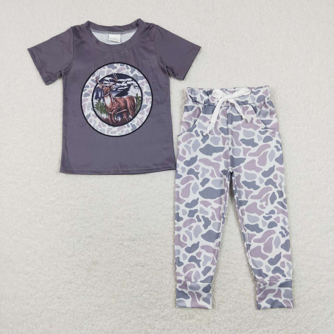 Sibling Baby Boys  Huting Grey Short Sleeve Top with Camo Jogger Outfit