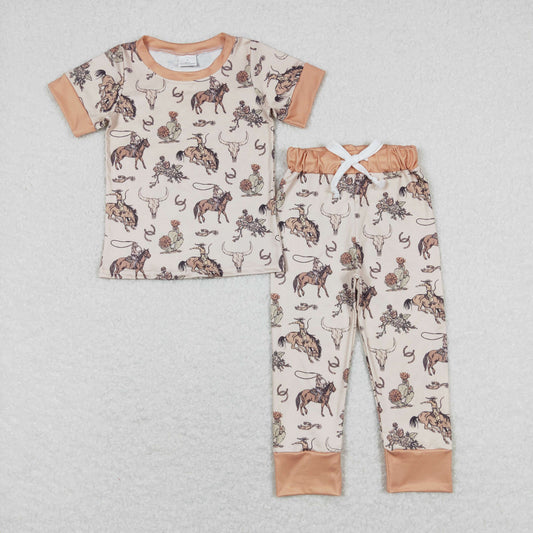 Sibling Baby Boys Horses Cows Pants Western Pajamas Set Zipper Rompers