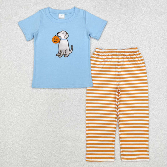 BSPO0391 Dog Pumpkin Embroidery Blue Top Orange Stripes Pants Boys Halloween Clothes Set