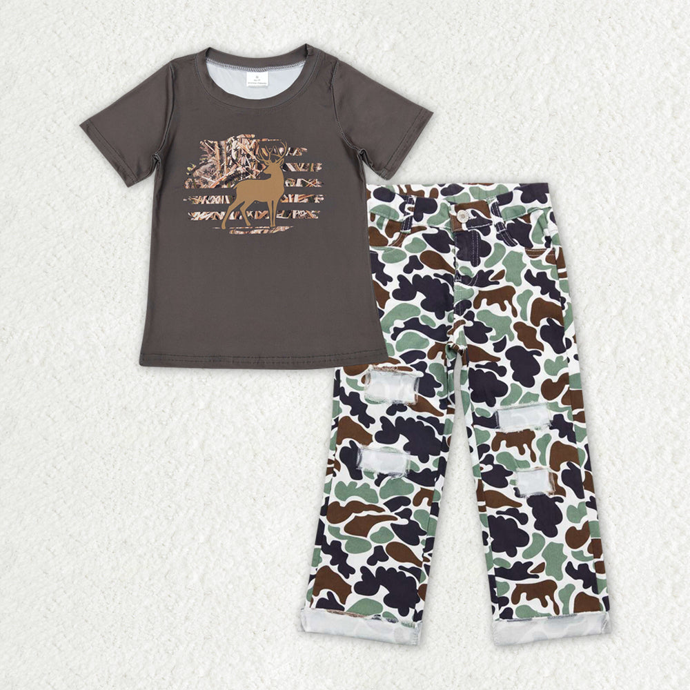 Sibling Baby Boys Short Sleeve Deer Fishing Top Denim Pants Hunting Clothes Sets