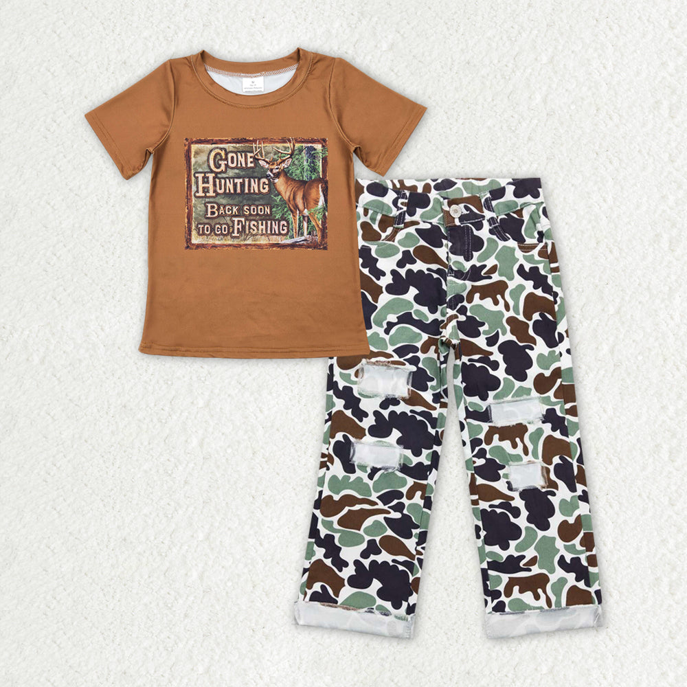 Sibling Baby Boys Short Sleeve Deer Fishing Top Denim Pants Hunting Clothes Sets