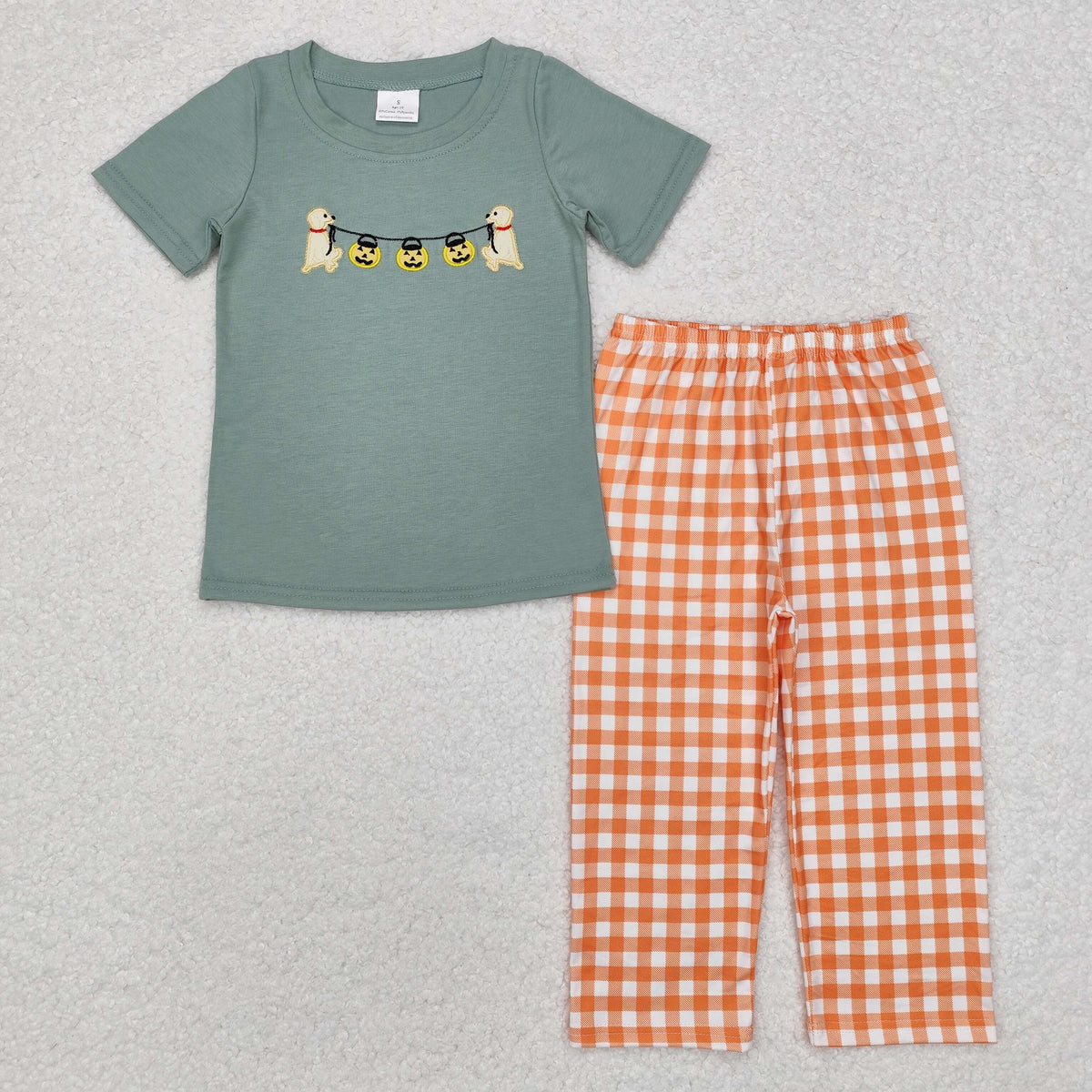 BSPO0405 Dog Pumpkin Embroidery Green Top Orange Checkered Pants Boys Halloween Clothes Set