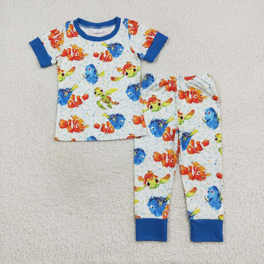 BSPO0419 Cartoon Fish Turtle Top Pants Boys Pajamas Clothes Set