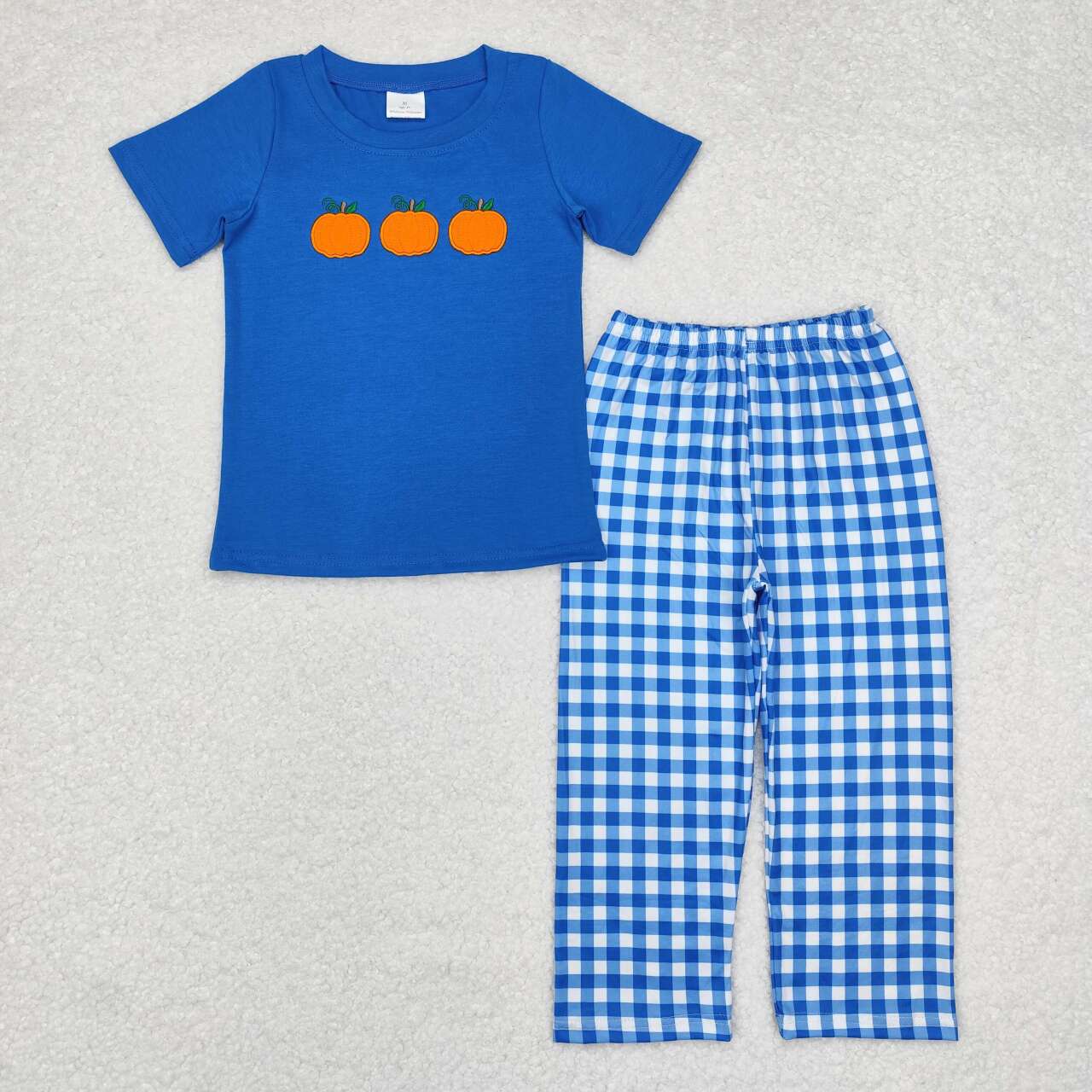 BSPO0468 Pumpkin Embroidery Blue Top Checkered Pants Boys Fall Clothes Set