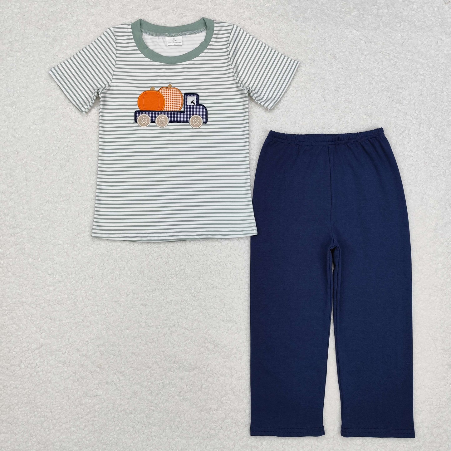 BSPO0473 Pumpkin Truck Embroidery Stripes Top Navy Pants Boys Fall Clothes Set