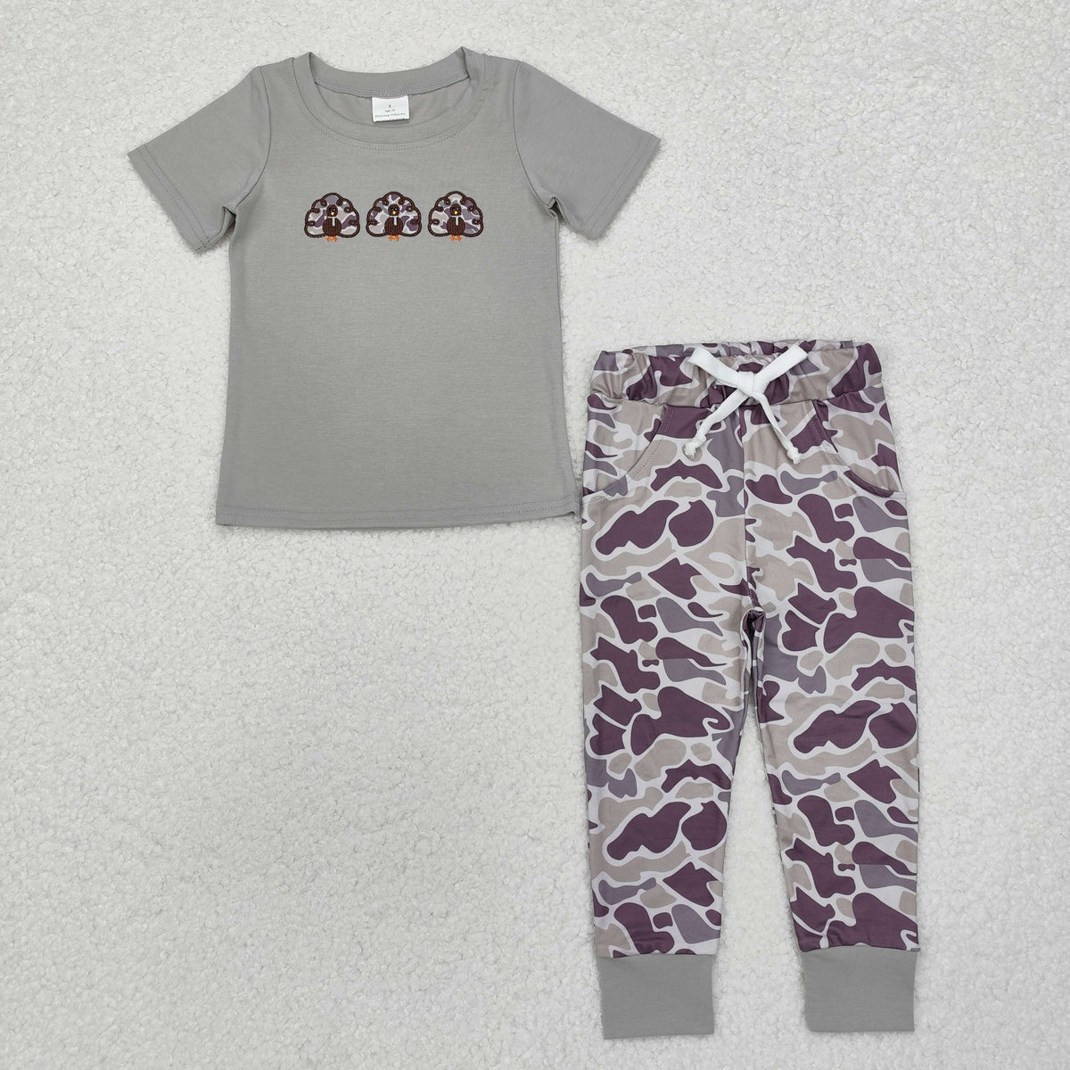 BSPO0482 Turkey Embroidery Grey Top Camo Pants Boys Thanksgiving Clothes Set