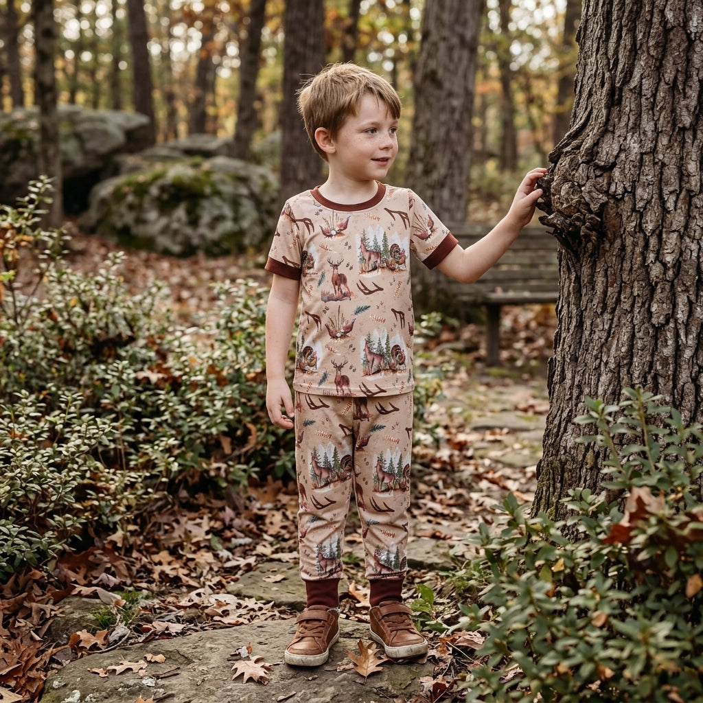 BSPO0494 Deer Turkey Print Baby Boys Hunting Short Sleeve Pajamas Clothes Set