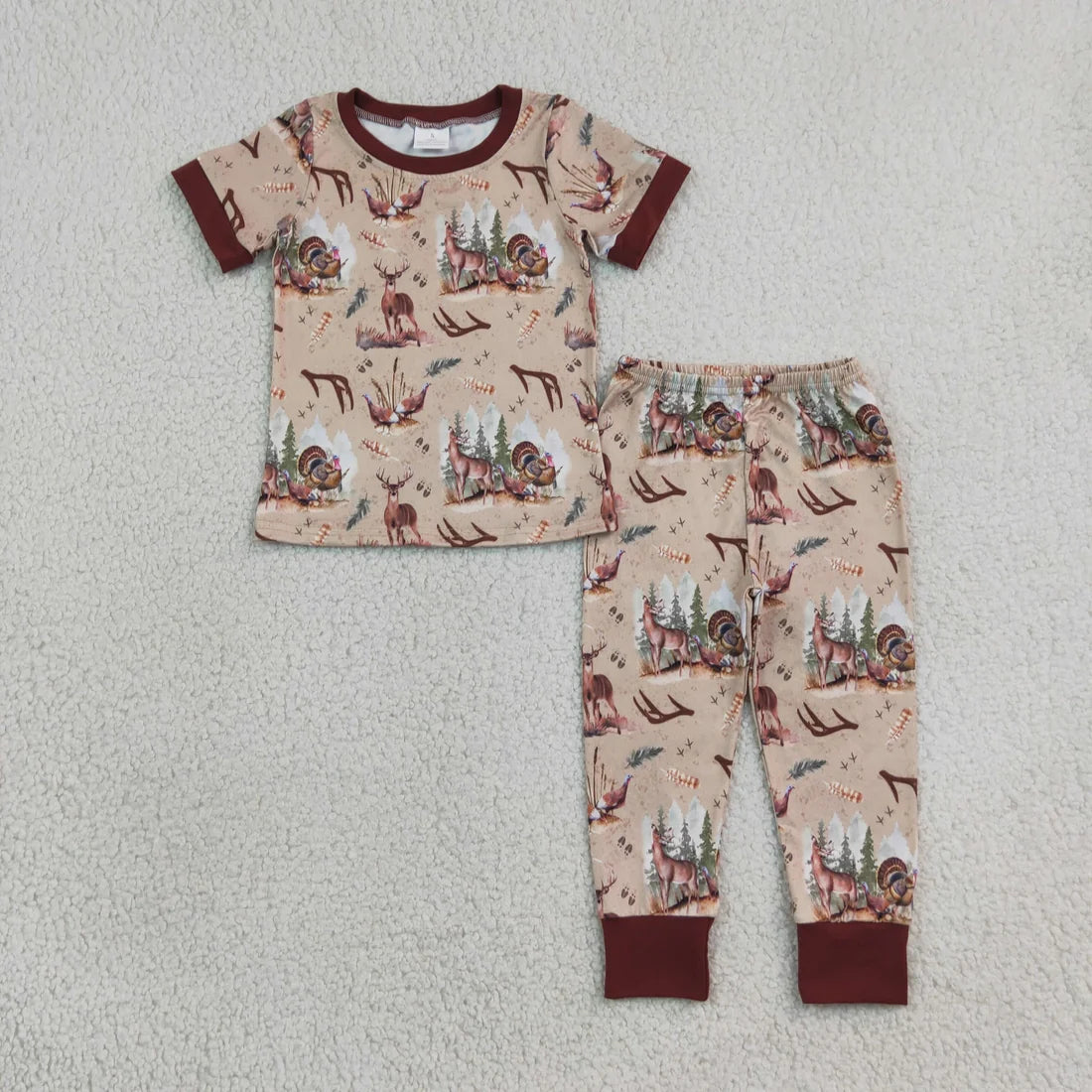 Sibling Baby Boys Hunting Deer Short Sleeve Top Pants Pajama Set +Zipper Romper
