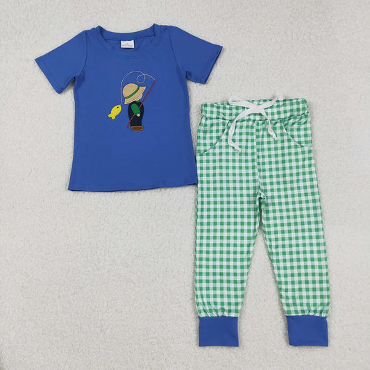 Baby Boys  Embrodiery Fishing Blue Shirt Green Checked Pants Outfit