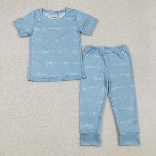 Baby Boys  Jesus Love Blue Short Sleeve Pants Pajama Set