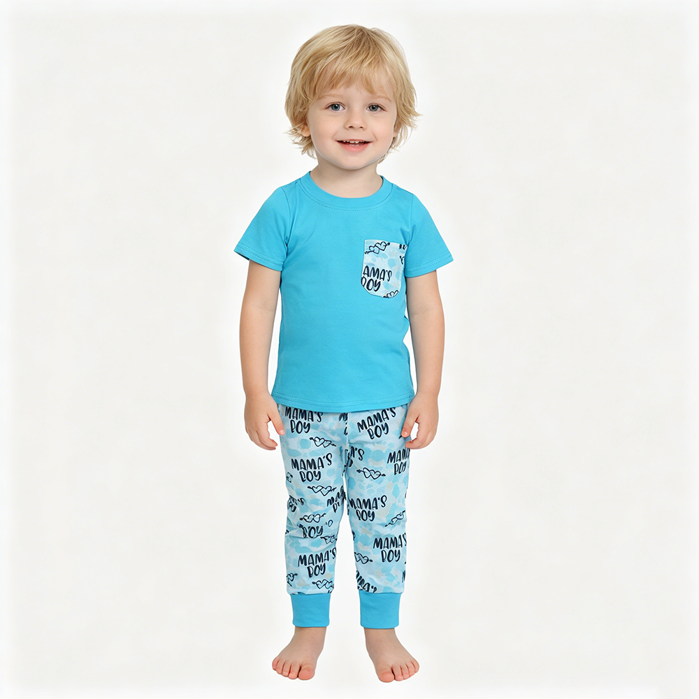 Boys "Mama's Boy" Outfit - Turquoise Pocket Tee & Printed Jogger Pants Set