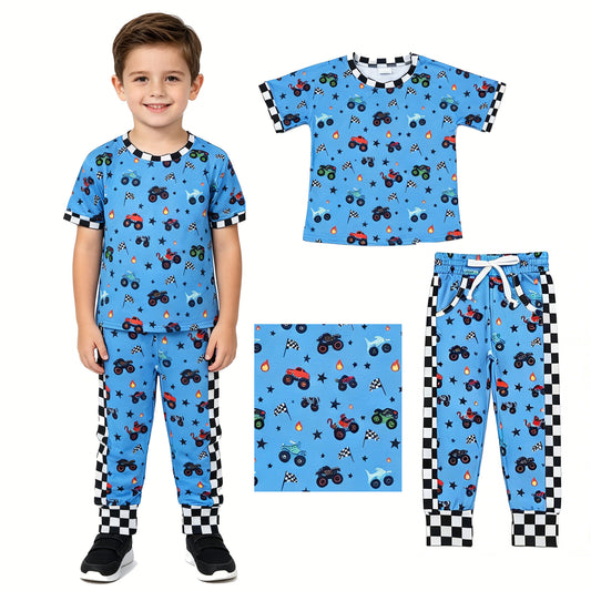 BSPO0628 Monster Truck Flags Blue Plaid Boys Clothes Set