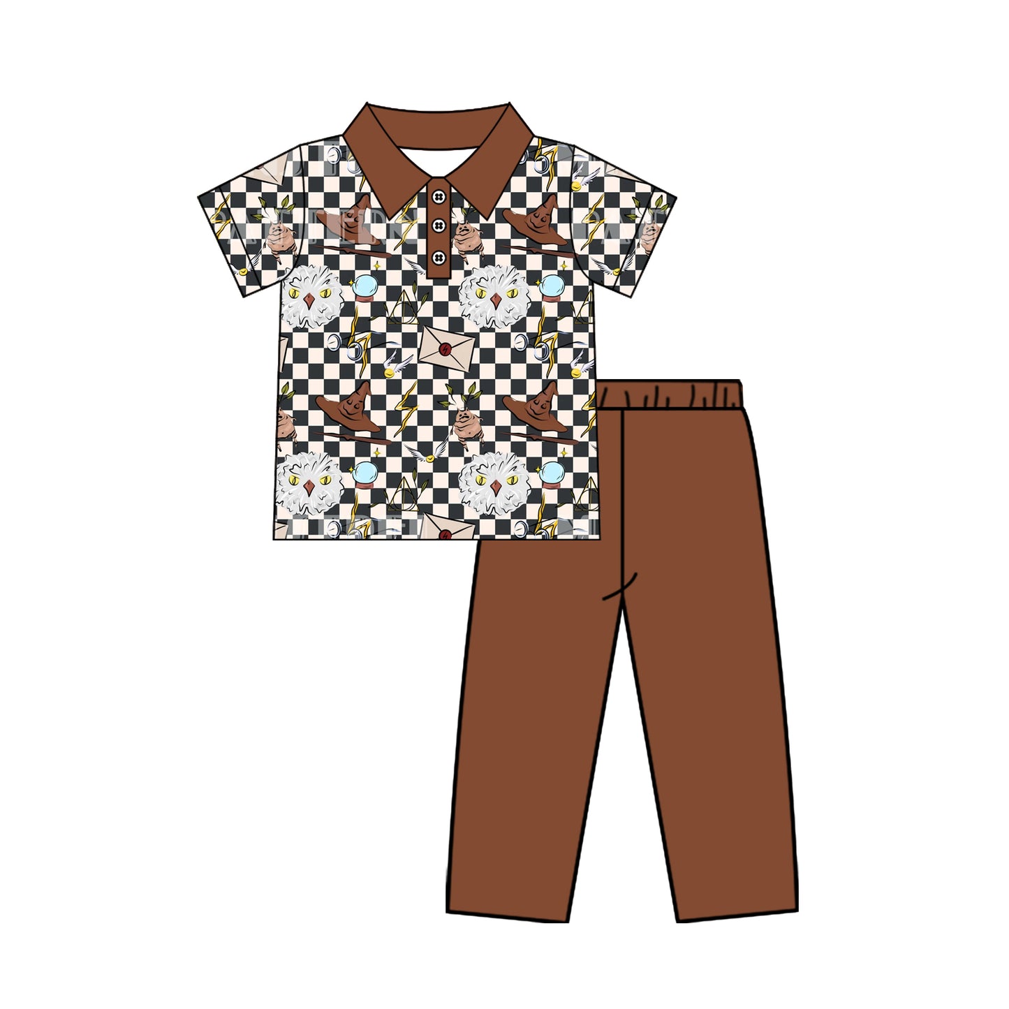 4.22 BSPO0685 Preorder Magic Harr* Plaid Polo Top Brown Pants Boys Clothes Set