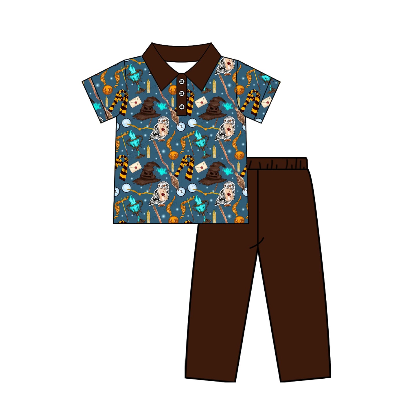 4.22 BSPO0686 Preorder Magic Harr* Polo Top Brown Pants Boys Clothes Set