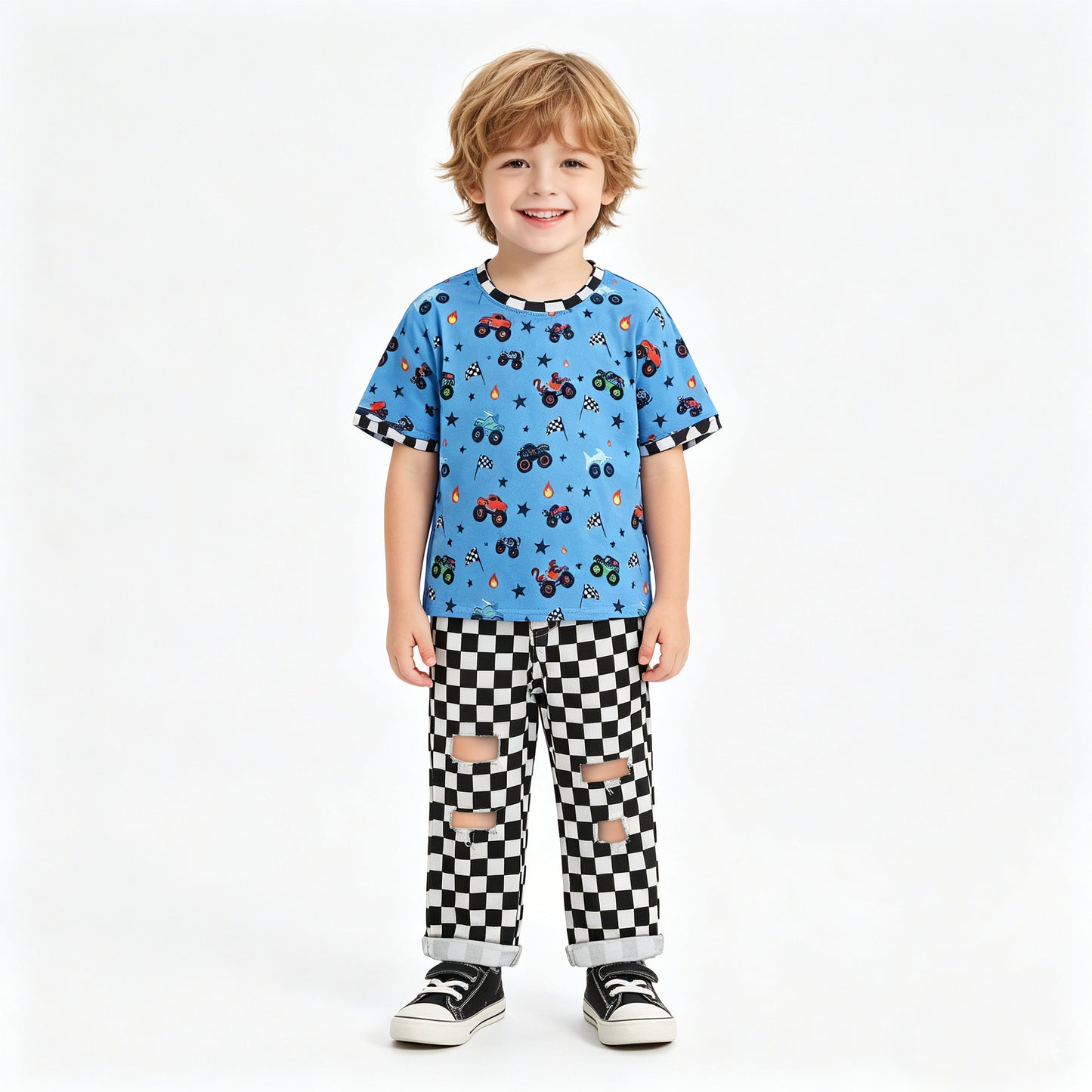 BSPO0687 Monster Truck Flags Blue Top Plaid Hole Jeans Boys Clothes Set
