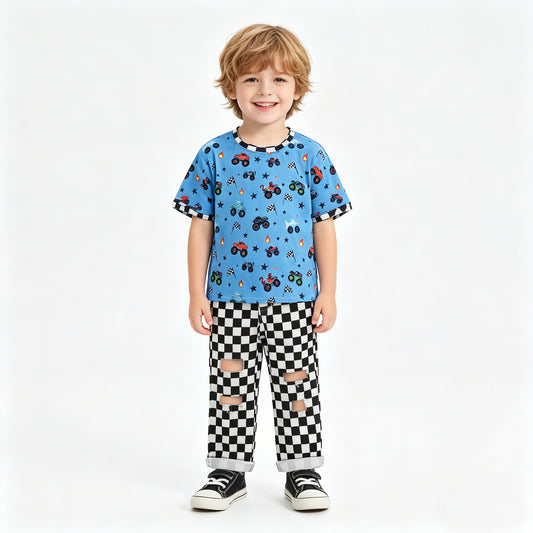BSPO0687 Monster Truck Flags Blue Top Plaid Hole Jeans Boys Clothes Set
