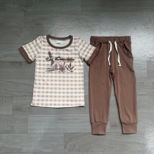 5.20 BSPO0689 Preorder Duck Plaid Top Brown Pants Boys Clothes Set