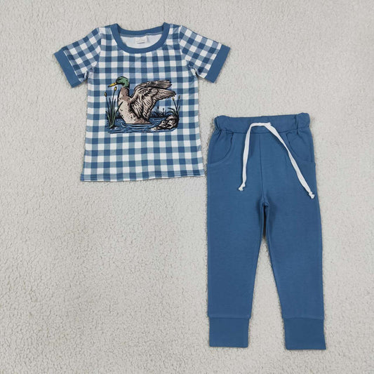 BSPO0690 Duck Checkered Top Blue Pockets Pants Boys Clothes Set