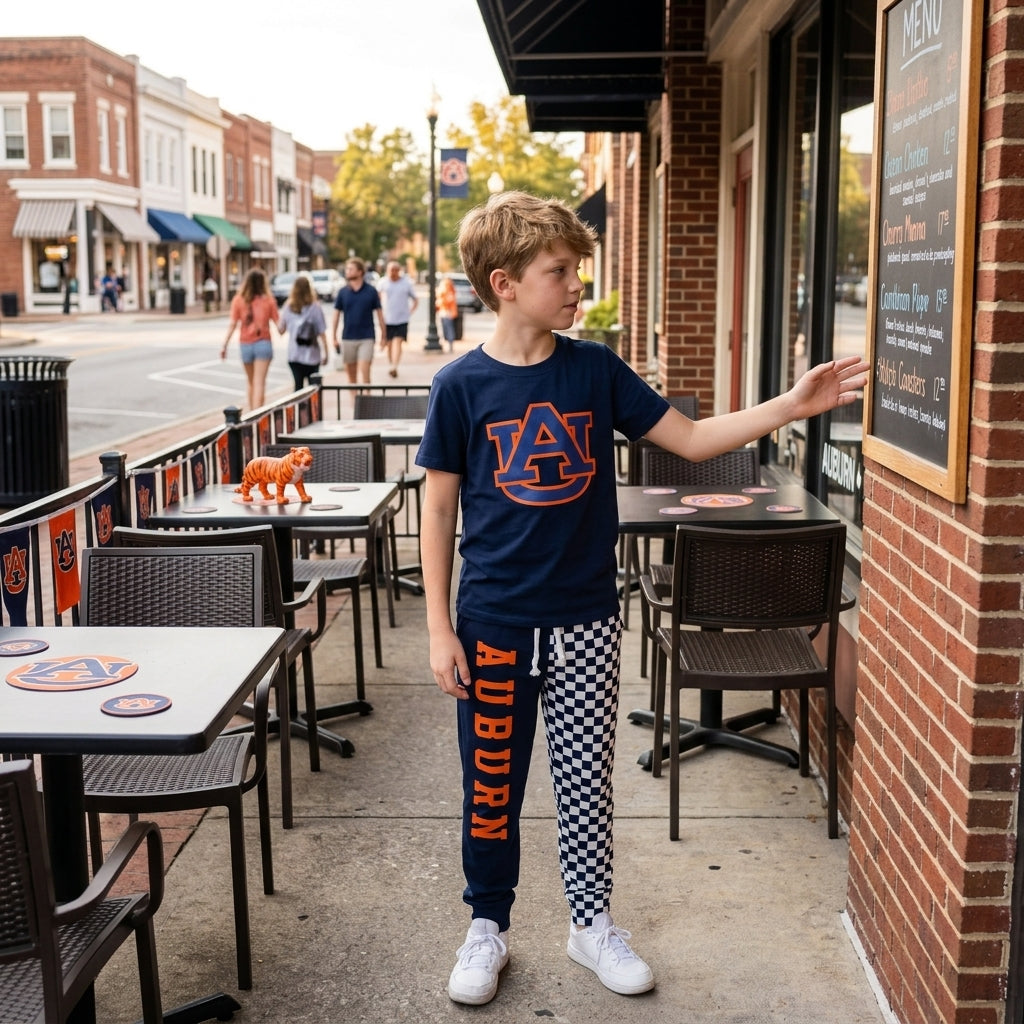 BSPO0694 Teams AU Vinyl Navy Top Auburn & Checkered Split Joggers Kids Clothes Set
