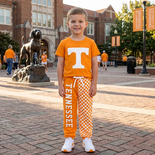 BSPO0695 Teams T Vinyl Orange Top Tennessee & Checkered Split Joggers Kids Clothes Set