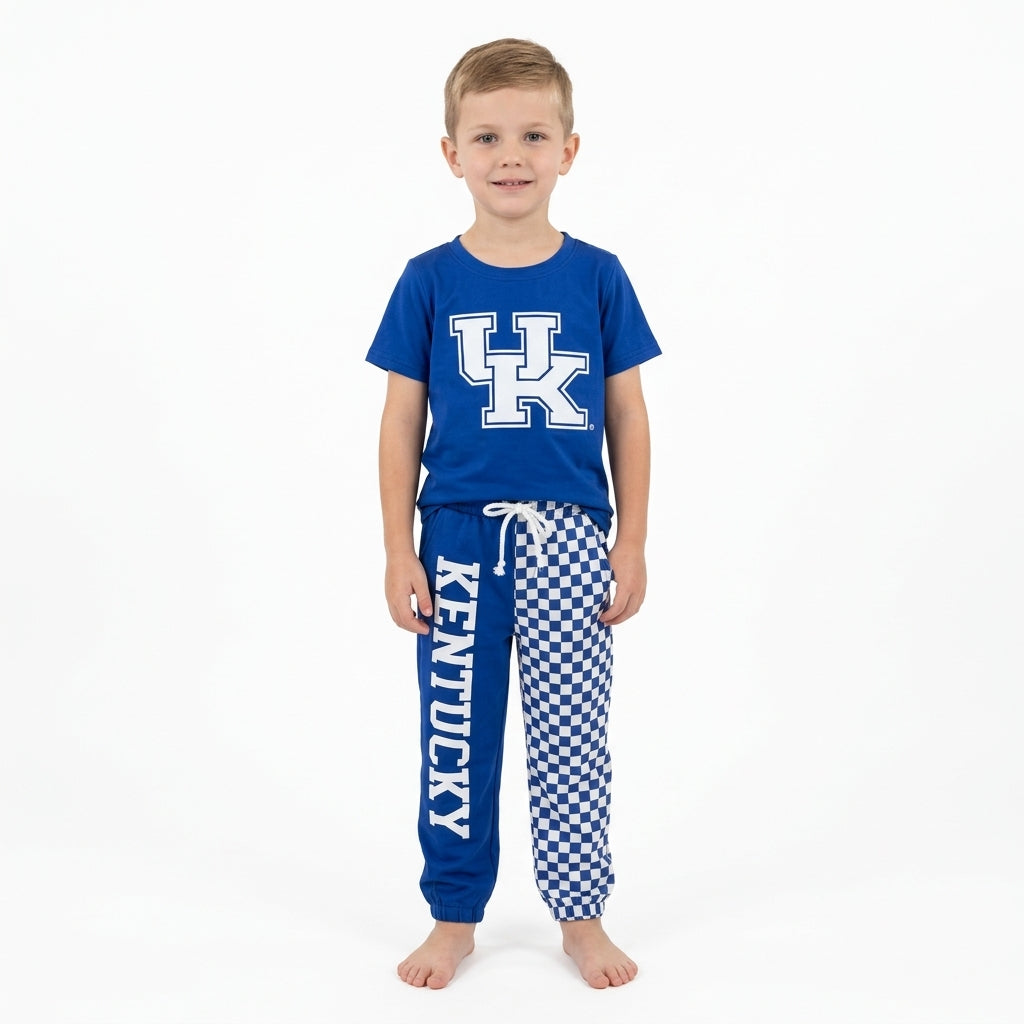 BSPO0696 Teams UK Vinyl Blue Top Kentucky & Checkered Split Joggers Kids Clothes Set