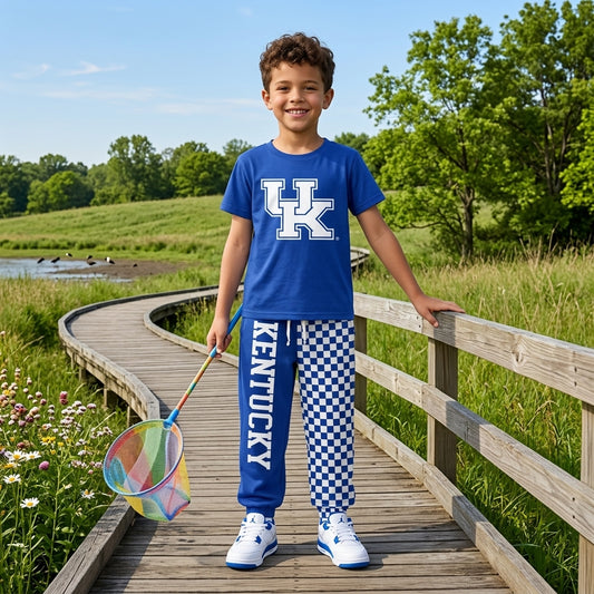 BSPO0696 Teams UK Vinyl Blue Top Kentucky & Checkered Split Joggers Kids Clothes Set