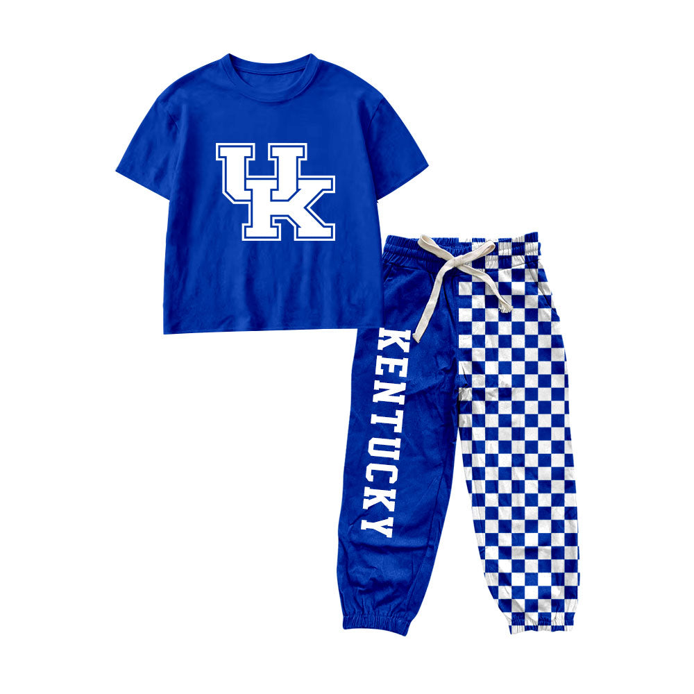 7.6 Preorder Kids Girls UK Royal Blue Short Sleeve Top with Checked Jogger Set