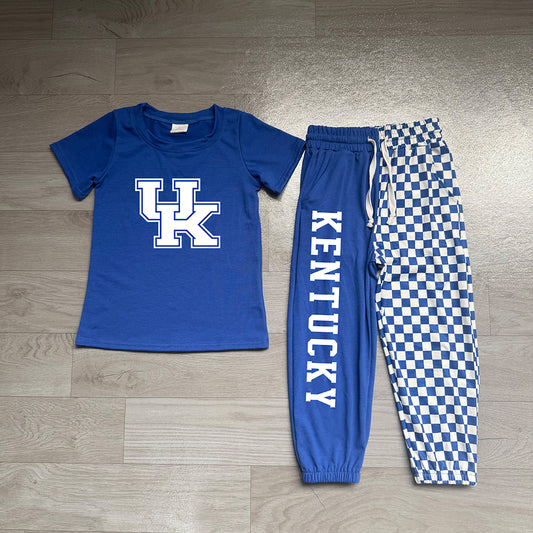 7.6 Preorder Kids Girls UK Royal Blue Short Sleeve Top with Checked Jogger Set