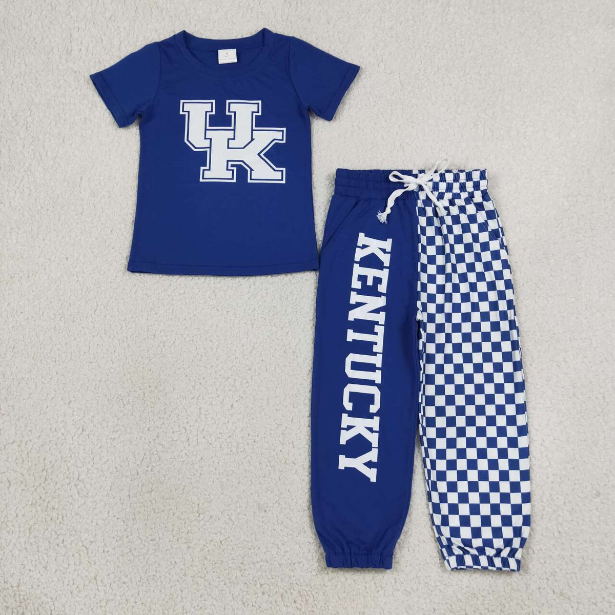 BSPO0696 Teams UK Vinyl Blue Top Kentucky & Checkered Split Joggers Kids Clothes Set
