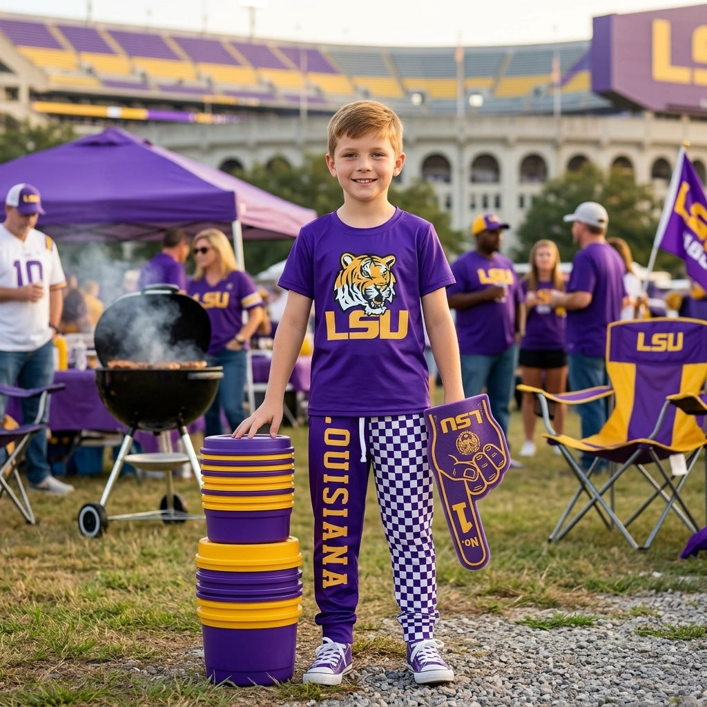 BSPO0698  Teams LSU Tiger Purple Top Checkered Split Joggers Kids Clothes Set