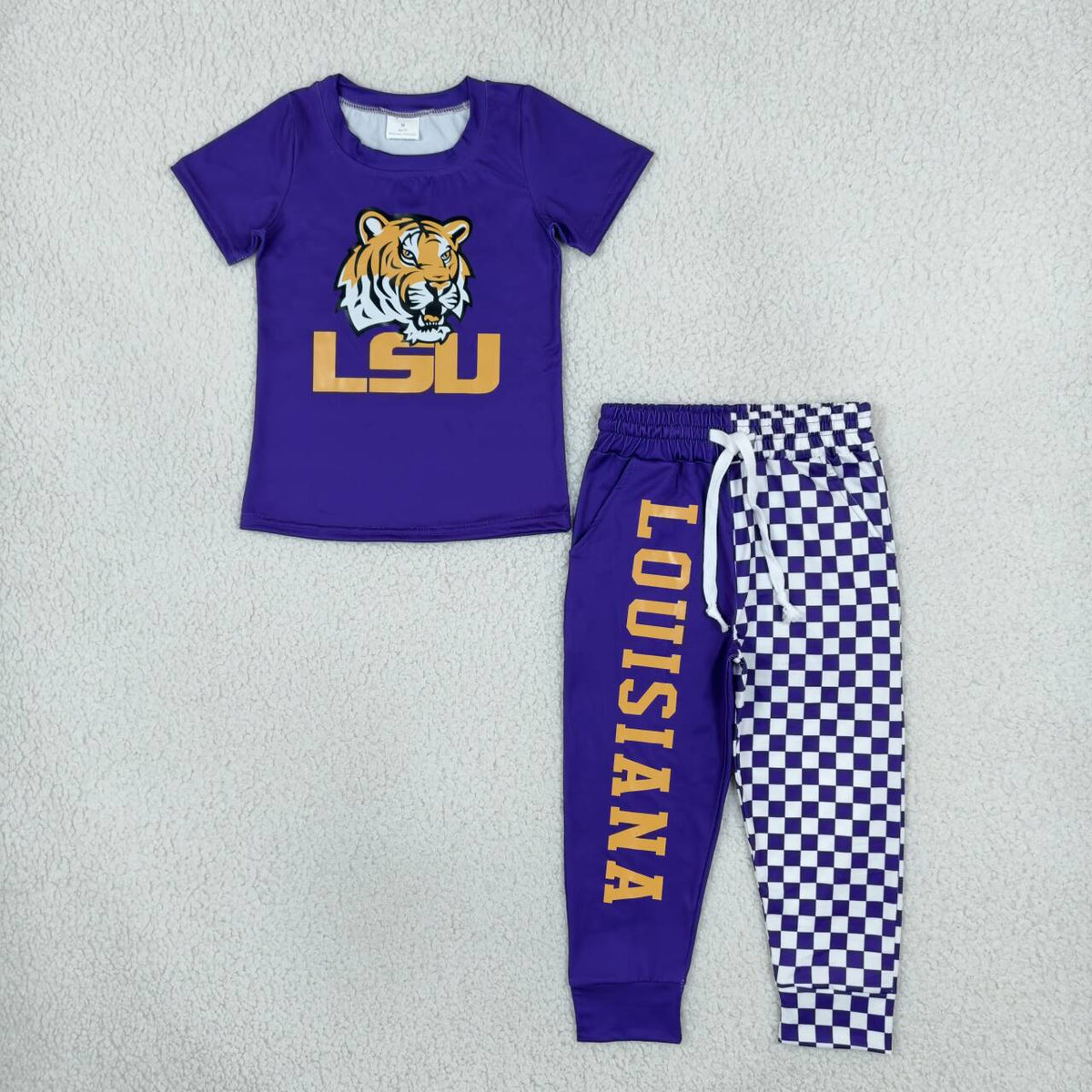 BSPO0698  Teams LSU Tiger Purple Top Checkered Split Joggers Kids Clothes Set
