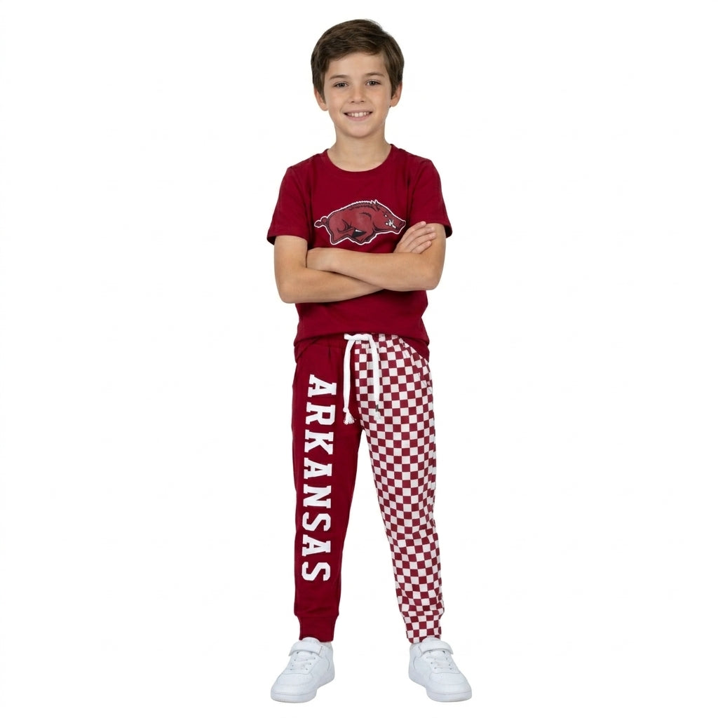 BSPO0699 Teams Arkansas Vinyl Maroon Top Checkered Split Joggers Kids Clothes Set
