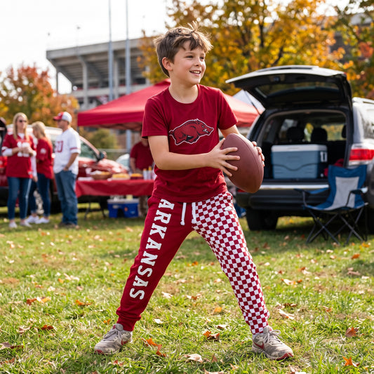 BSPO0699 Teams Arkansas Vinyl Maroon Top Checkered Split Joggers Kids Clothes Set