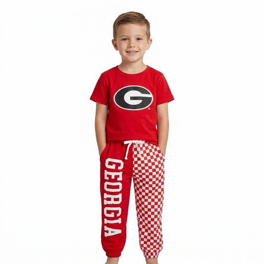 BSPO0700 Teams G Vinyl Red Top Georgia & Checkered Split Joggers Kids Clothes Set