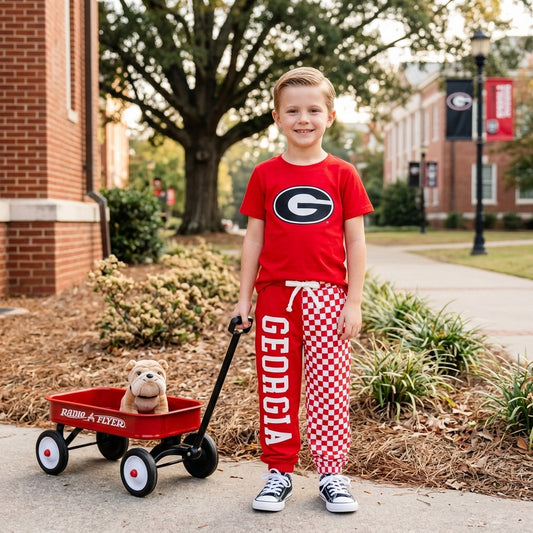 BSPO0700 Teams G Vinyl Red Top Georgia & Checkered Split Joggers Kids Clothes Set