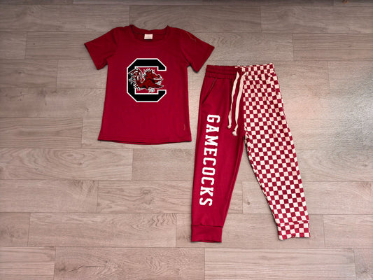 7.6 Preorder Kids Girls Gamecocks Short Sleeve Top with Checked Jogger Set