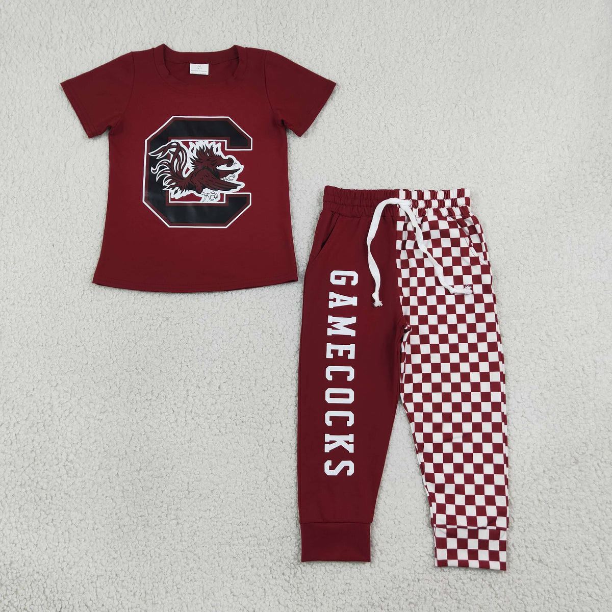 BSPO0701 Teams G Vinyl Maroon Top Gamecocks & Checkered Split Joggers Kids Clothes Set