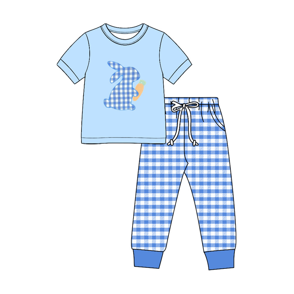 8.27 BSPO0705 Preorder Kids Boys Easter Gingham Rabbit Short Sleeve Top with Pants Outfit