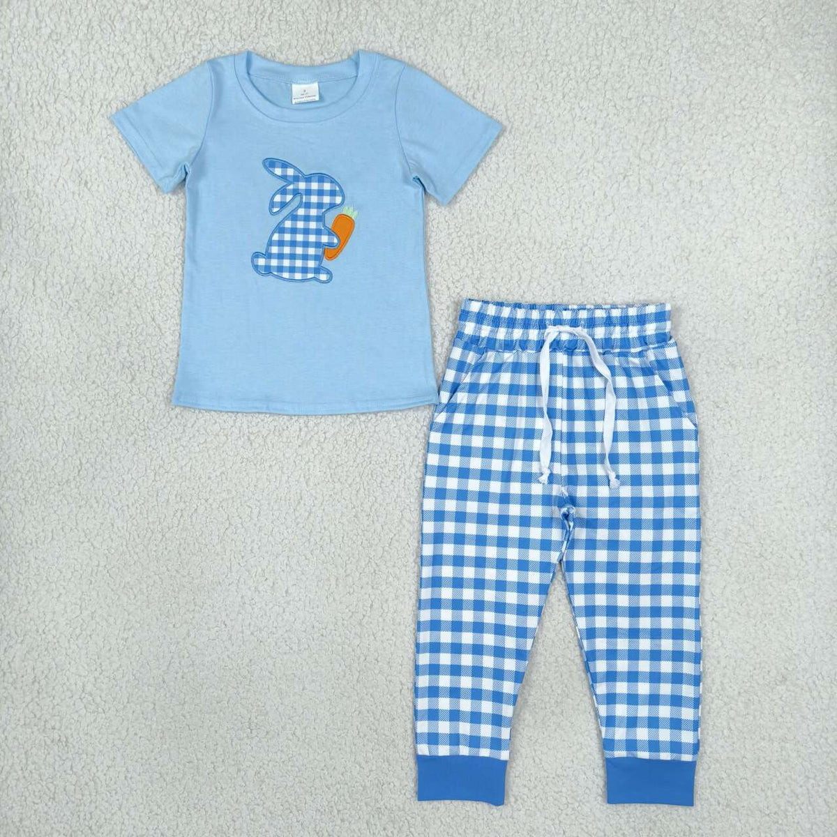 BSPO0705 Bunny Carrot Embroidery Blue Top Checkered Pockets Pants Boys Easter Clothes Set