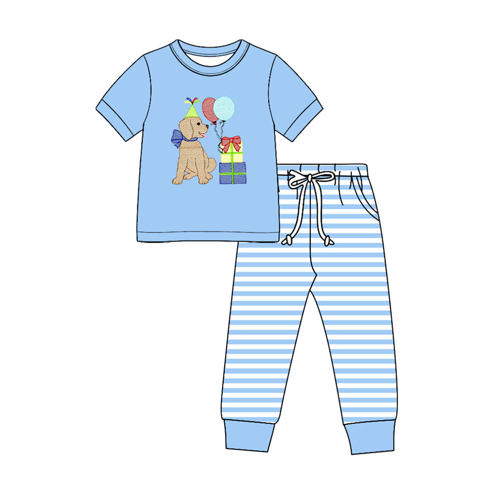 8.27 BSPO0706 Kids Boys Birthday Dog Blue Striped Pants Outfit Preorder