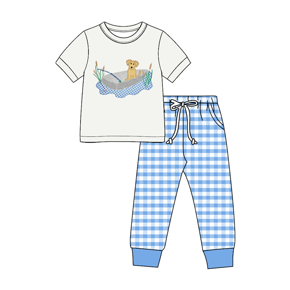8.28 Preorder Toddler Boys Puppy Dog Fishing Blue Gingham Pants Outfit