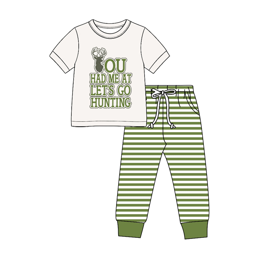 8.28 Preorder You Had Me At Let's Go Hunting Toddler Boys Green Striped Pants Outfit