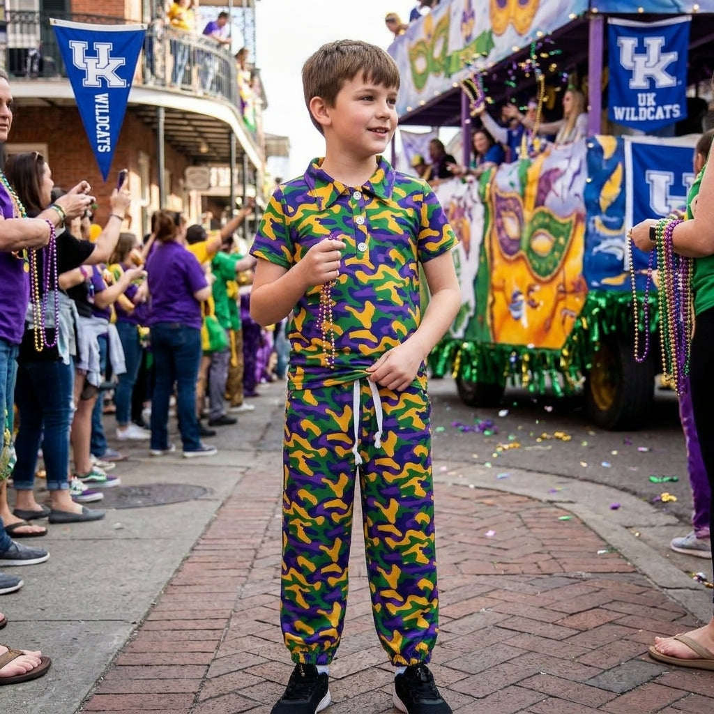 BSPO0721 Boys Mardi Gras Green Yellow Purple Camo Short Sleeve Polo Top Jogger Outfit
