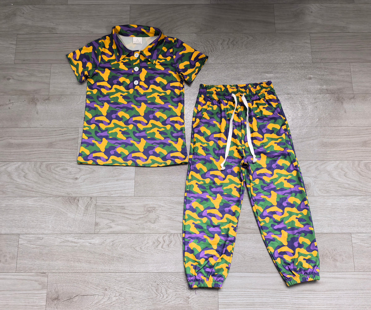 9.3 BSPO0721 Preorder Baby  Boys Mardi Gras Green Yellow Purple Camo Short Sleeve Polo Top Jogger Outfit