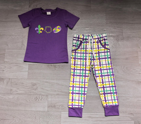 9.16 BSPO0722 Preorder Anchor Donut Purple Top Checkered Pants Boys Mardi Gras Clothes Set